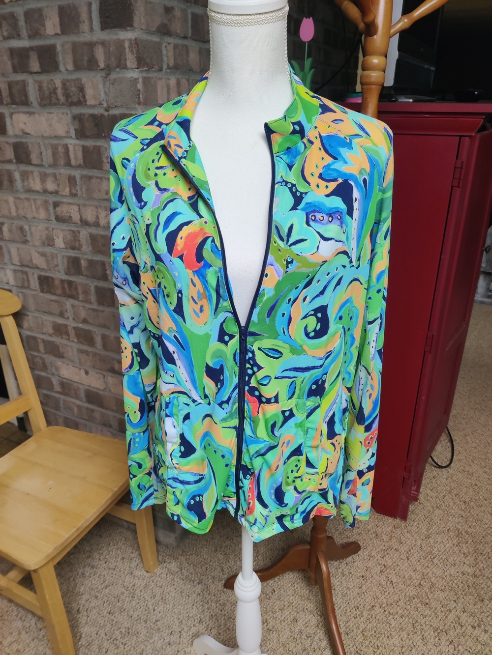 Tribal Sport Bright Green, Blue and Orange Abstract Active Top, Large